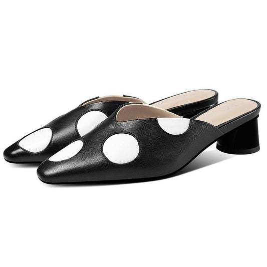 Slippers for Women Outer Wear Polka-dot Fashion Mid-heel Women's Shoes Soft Leather Half-drag Thick Heel Sandals and Slippers