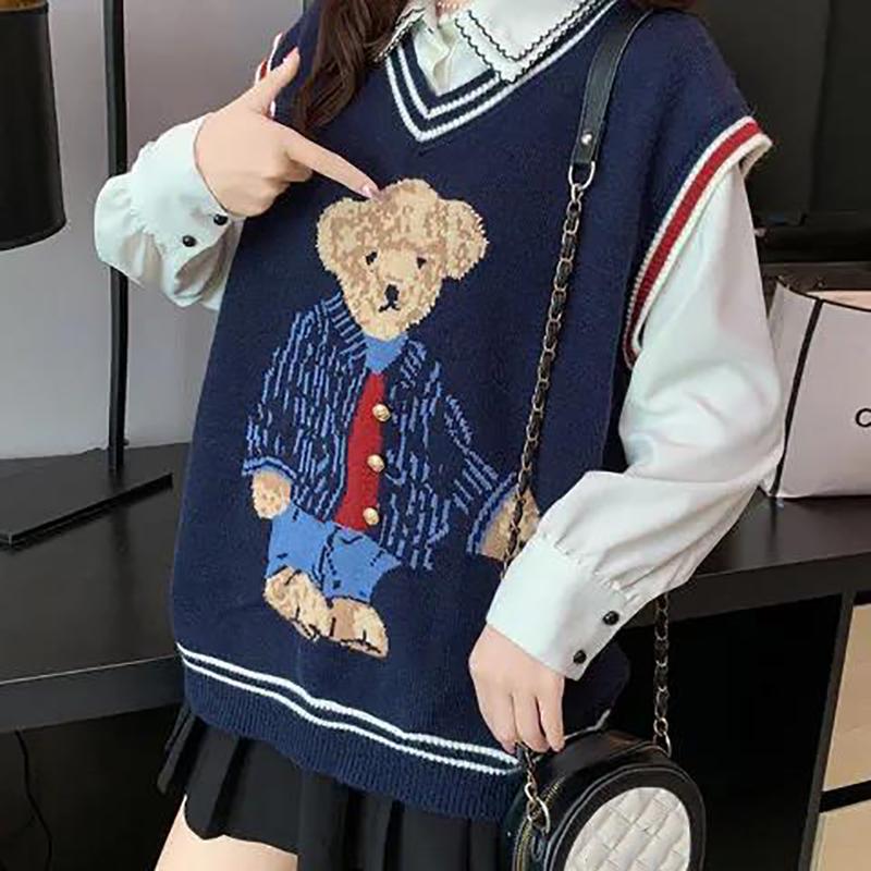 Bear Pattern Women's Sweater Vest Sleeveless Waistcoat Knitted Waistcoat Women's Vest V-neck Outer Wear All-match Knitted Waistcoat