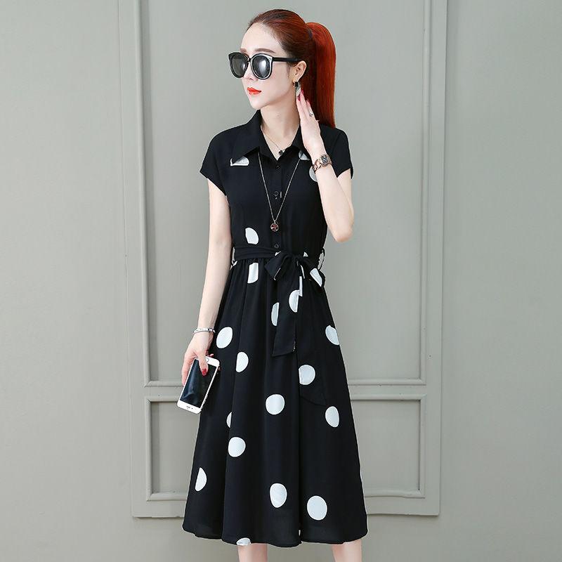 Summer Women Big Dot Printing Shirt Dress OL Style Knee-length A-line Dress with Belt Plus Size S-3XL