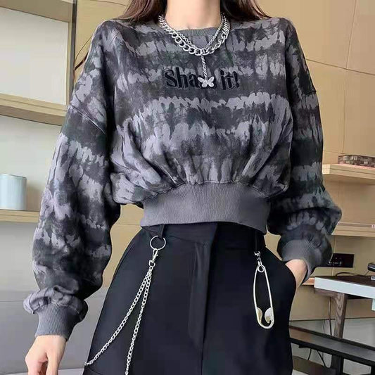 Women's Retro Tie Dye Sweater Loose Thin Lazy Style Short Long Sleeve Top Cropped Navel Statement Top Athletic Girl Pullover Dark Sweatshirt