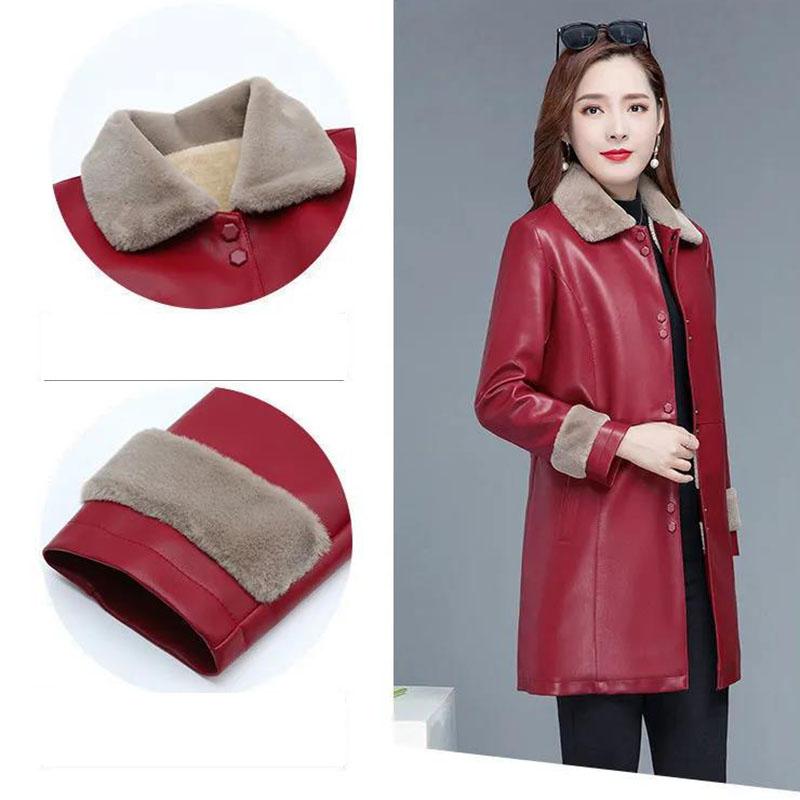 Winter Fashion Cool Leather Jacket Thick Velvet Leather Jacket Women's Mid-length Plus Velvet Thick Leather Coat Leather Jacket  Parka Coat