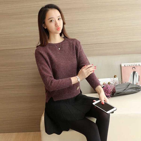 Autumn and Winter Knitted Sweater Short Round Neck Loose Top Simple Long-sleeved Women's Bottoming Shirt