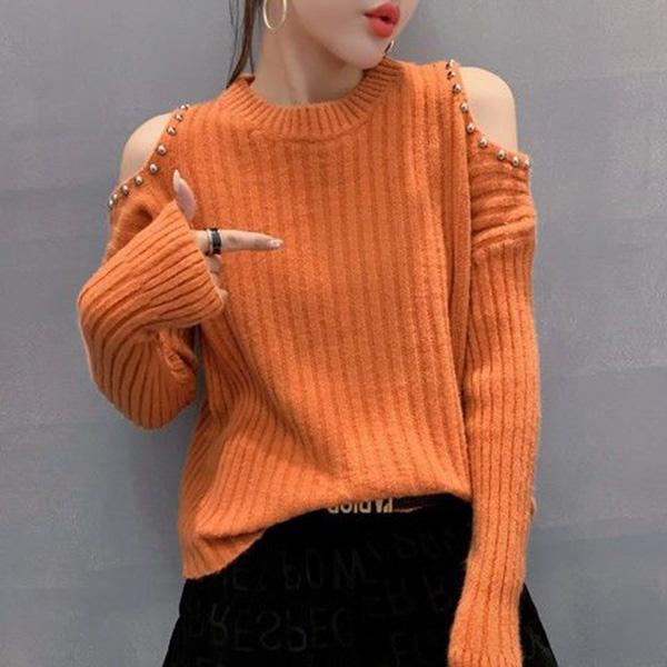 Autumn Round Neck Loose T-shirt Fashion Sexy Off-the-shoulder Tops Solid Color Diamond Coat