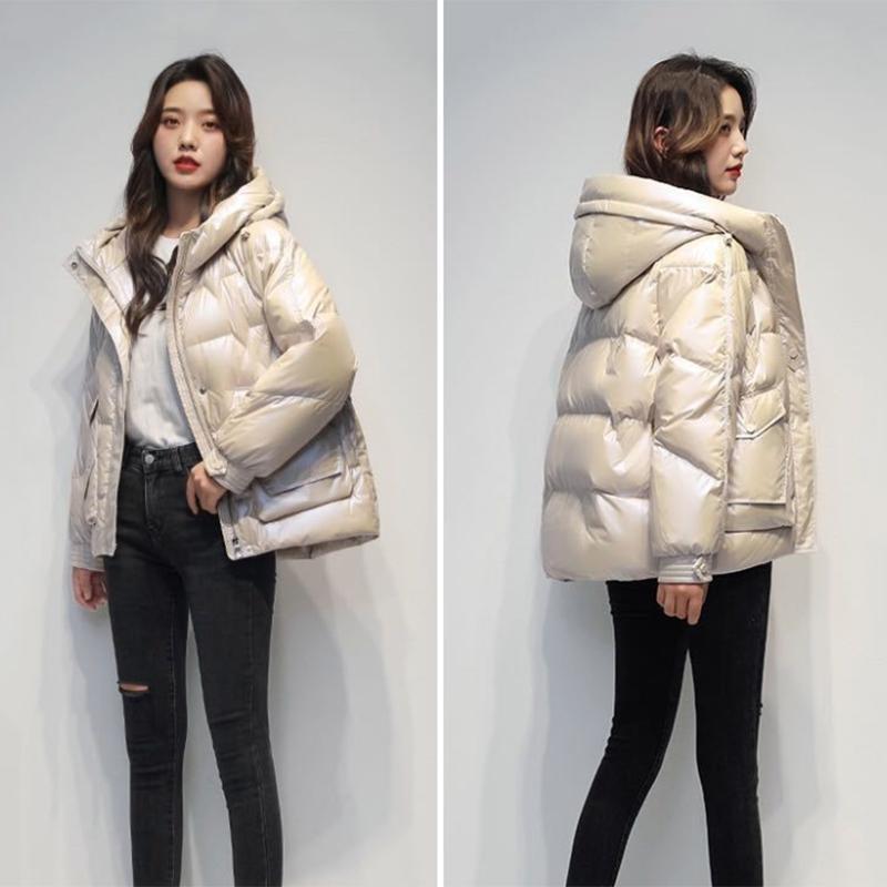 Women's Shiny Short Down Jacket Winter Korean Style Loose Quilted Jacket Casual Hooded Padded Jacket