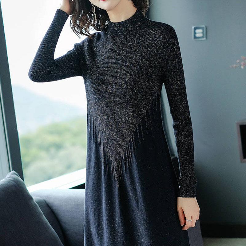 Autumn and Winter Bright Silk Knit Dress Slim Slimming Long-sleeved Bottoming Skirt Fashion Casual Women Sweater Dress