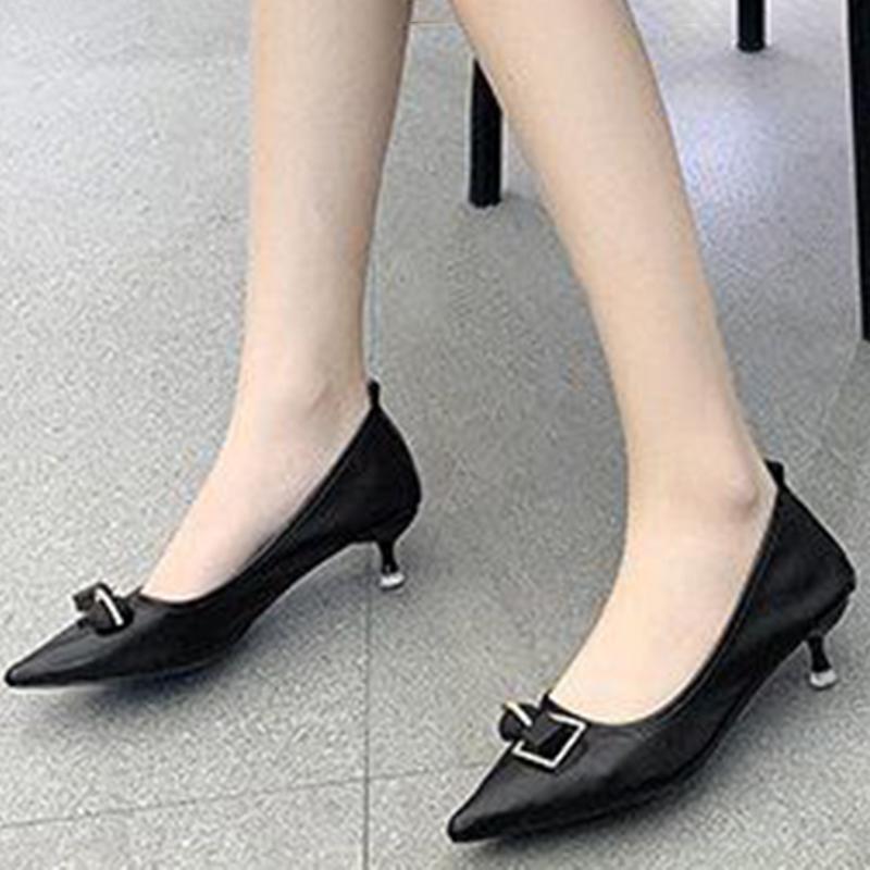 Genuine Leather High-heeled Stiletto All-match Work Women's Shoes Mid-heel Leather Shoes Pointed Toe Non-grinding Single Shoes