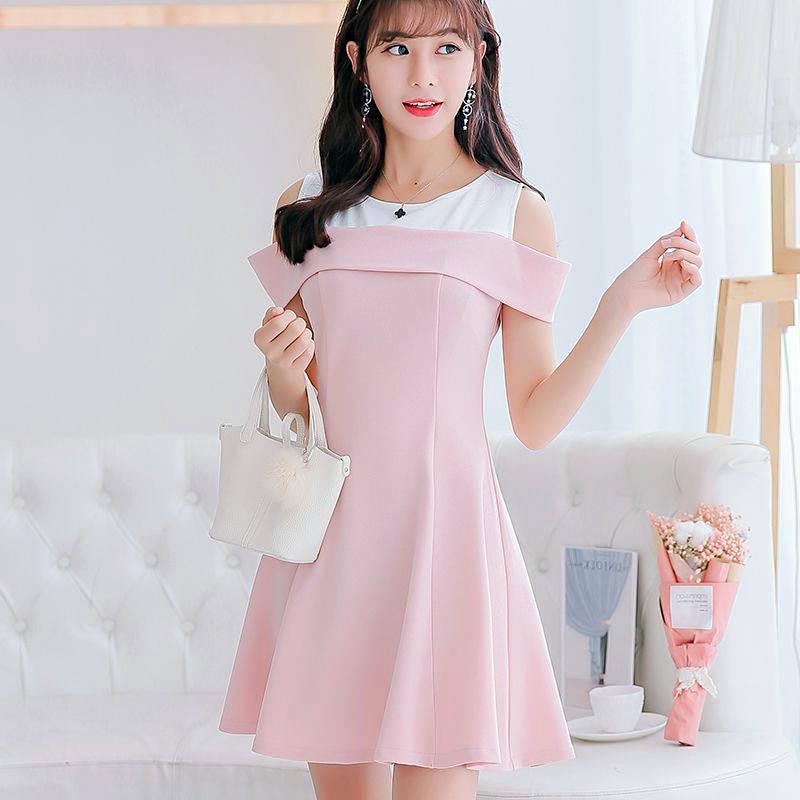 Fashion Summer Off-shoulder Round Neck Dress Stitching Sweet A-line Dress Sleeveless Sundress