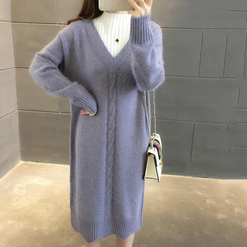 Women's Winter Mid-length Half High Neck Pullover Sweater Thick Loose Autumn Fake Two-piece Knitted Wool Dress