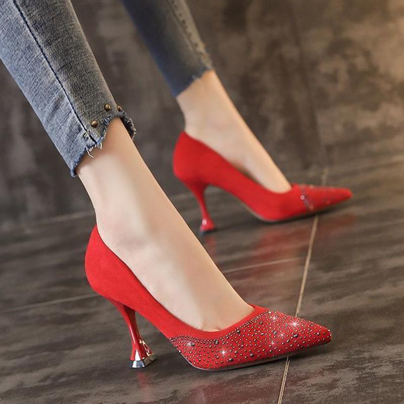 High Heels Female Pointed Toe Black Professional Job Small Fresh High Heels Female Stiletto Red Wedding Shoes