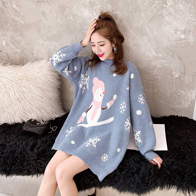 Pofulove Christmas Sweater Women's Mid-length Thick Loose Pullover Autumn Winter Snowman Sweater