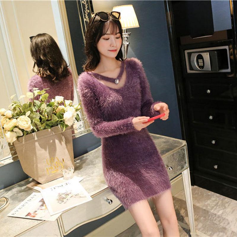 Autumn and Winter Mohair V-neck Sweater Pullover Mid-length Slim Top Solid Color Sexy Female Sweater Dress