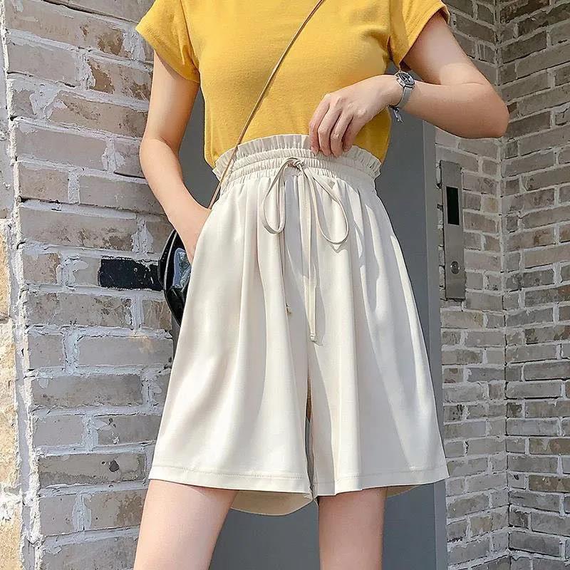 Women's Wide-leg Pants High Waist Loose and Thin Casual Five-point Shorts All-match Straight-leg Pants Loose Women's Shorts Elastic Waist