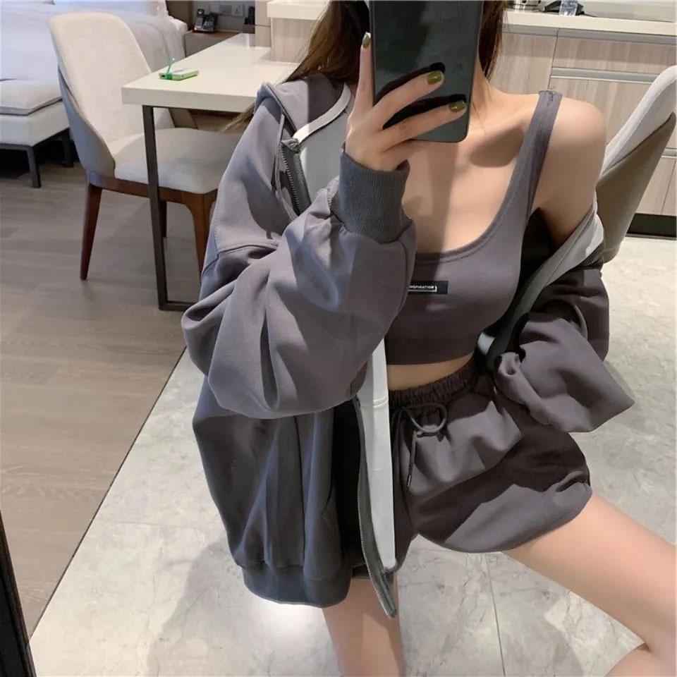 3PCS Ladies Casual Sports Suit Spring and Summer Cool Girl Loose Thin Sweater Zipper Cardigan + Vest + Wide Leg Shorts Three-piece Set Tracksuits