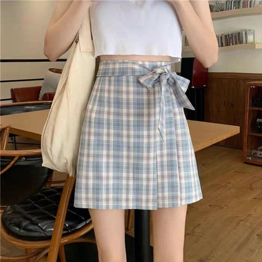 Bow School Girl Women High Waist Pleated Skirt  Plaid A-Line Flare Skater Short Skirt Uniforms Cosplay Sweet Girls