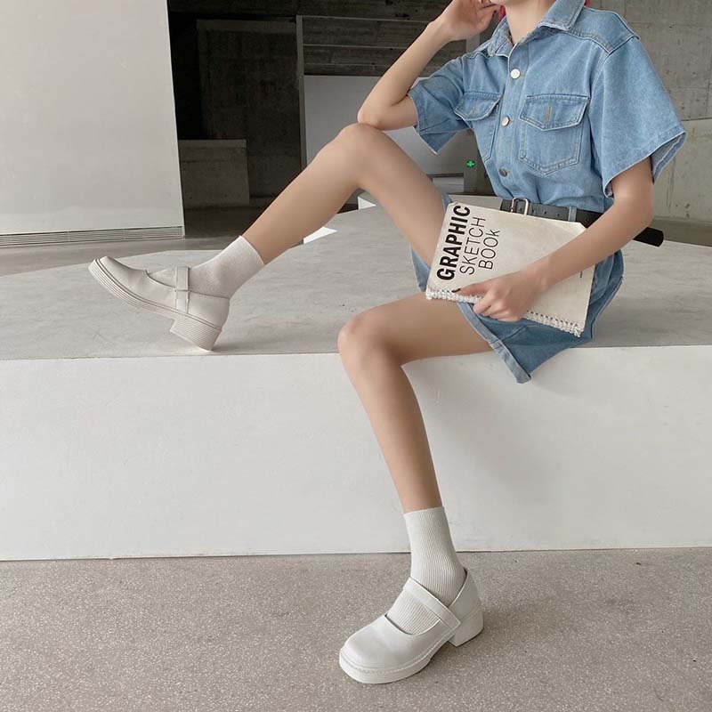 White Square Toe Thick Heel Mary Jane Shoes Female Summer Jk Platform Platform Mid-heel Small Leather Shoes Single Shoes