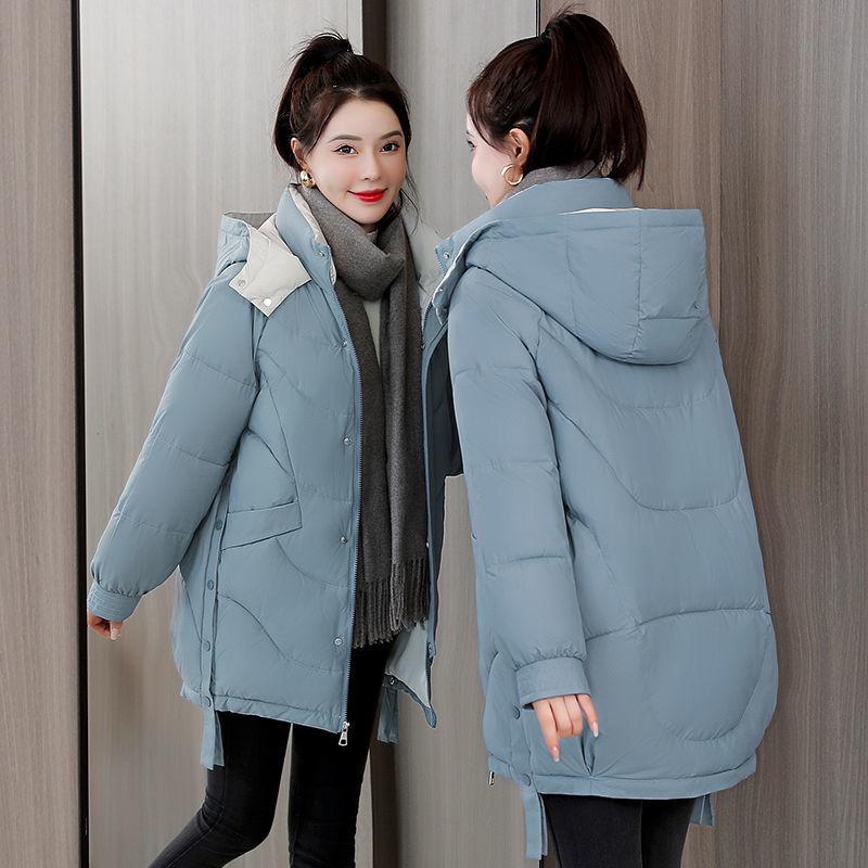 Women's Winter Korean Style Loose Quilted Jacket Women's Warm Stand-collar Down Jacket Solid Color Mid-length Down Jacket Quilted Jacket