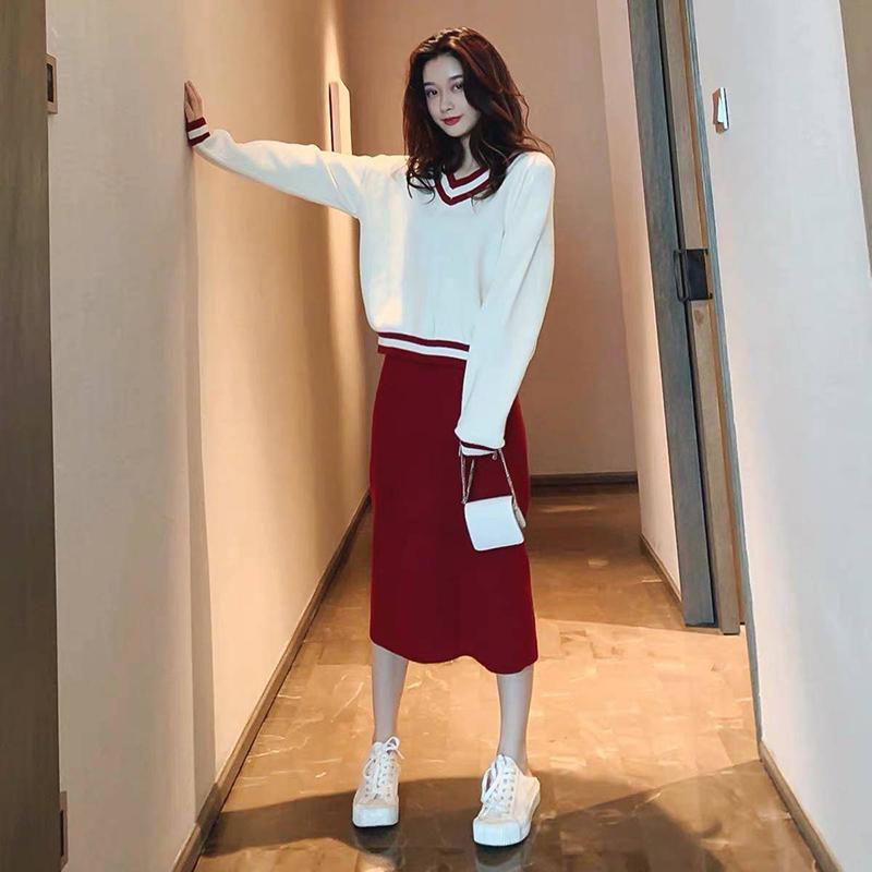 Set Autumn and Winter V-neck Loose Long-sleeved Pullover Sweater Women with Skirts Temperament Knitted Simple Ladies