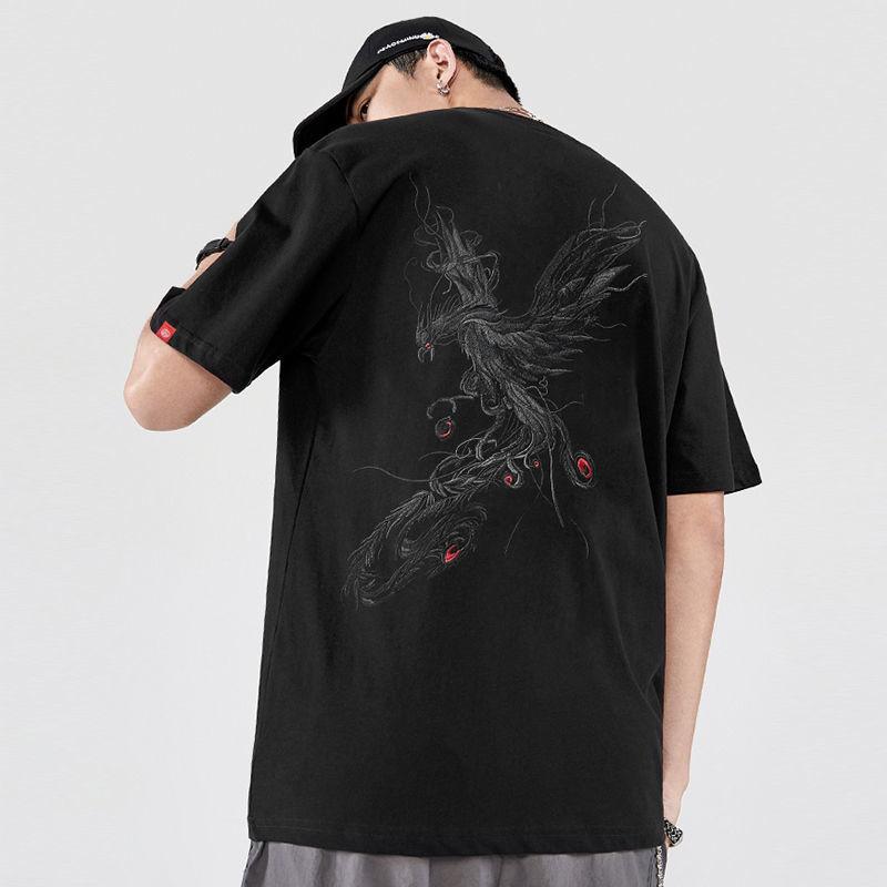 Large Size Pure Cotton Half-sleeved Trend Loose Short-sleeved T-shirt Chinese Style Men's Phoenix Embroidery T-shirt