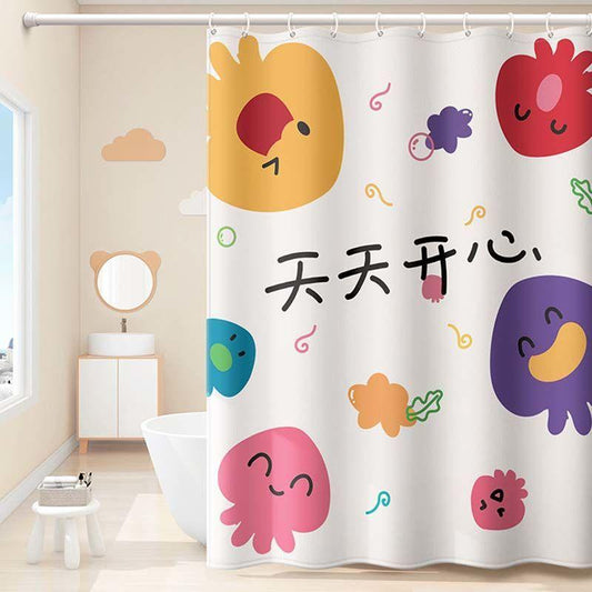 Lovely Wind Bathroom Shower Curtain Perforated Free Hanging Curtain Bathroom Waterproof and Mildew-proof Shower Curtain