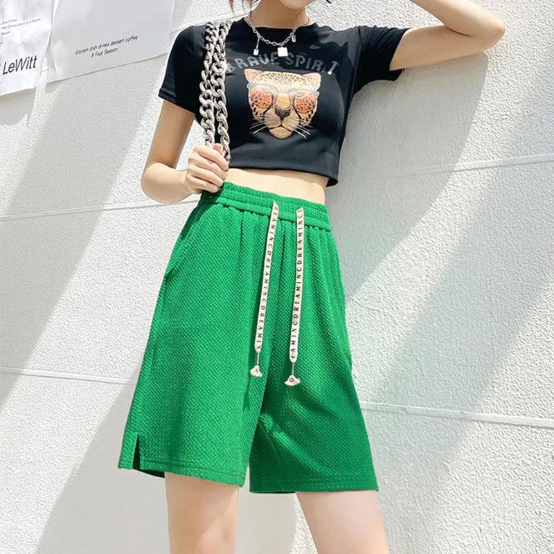 Split Shorts Summer Thin Women's Personalized Drawstring Casual Sports Shorts All-match Loose Wide-leg Five-point Pants Girls Outdoor Middle Pants