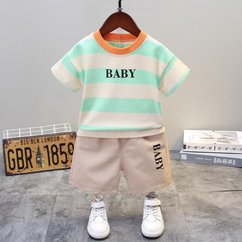 Summer Korean Short Sleeve Children's Suit Boys' and Girls' 0-4-year-old Round Neck Striped T-shirt Shorts Two-piece Children's Suit