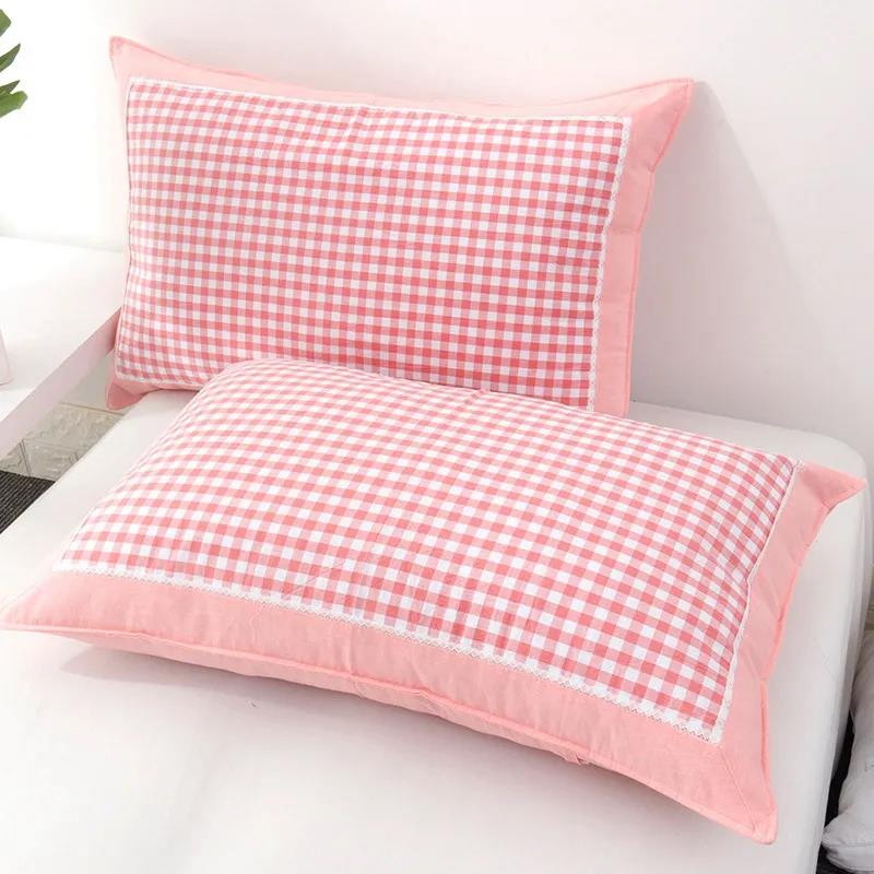 Pillowcase Pure Cotton Thickened Single Double Pillow Case 48x74cm Check Lace Pillow Cover