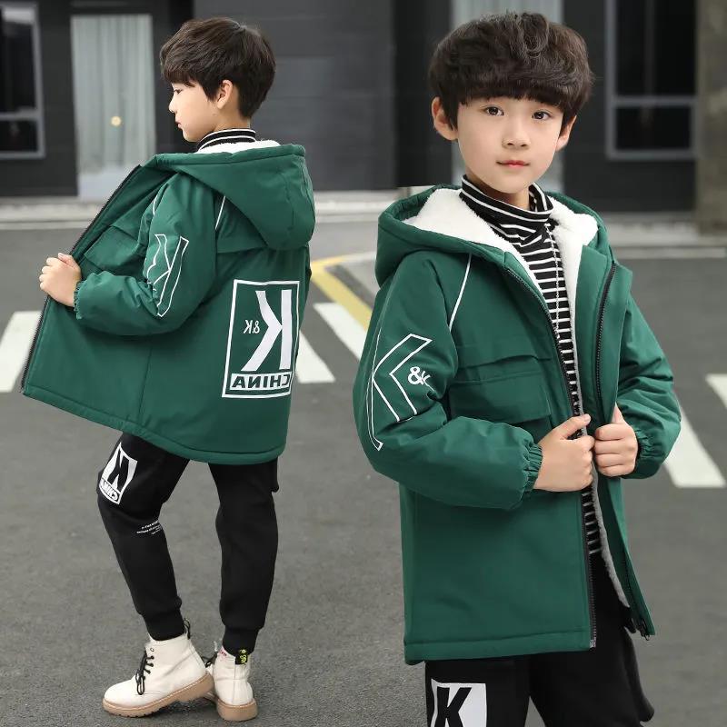 Children's Clothing Boys' Jacket Winter Clothing Plus Velvet Big Children's Thickening Mid-length Windbreaker Trendy Fashion Warm Cotton Clothing