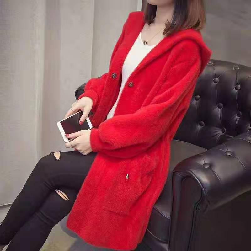 Autumn and Winter Knitted Cardigan Coat Korean Style Hooded Loose Sweater Mid-length Popular Coat Women