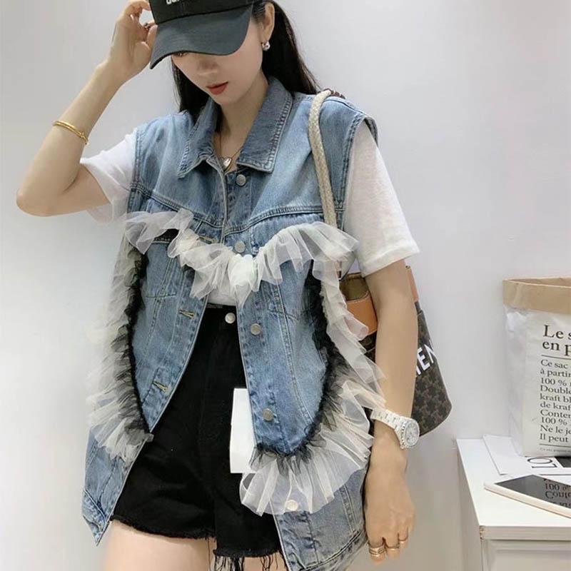 Denim Vest Women Stitching Lace Sweet Casual Sleeveless Waistcoat Jacket Women