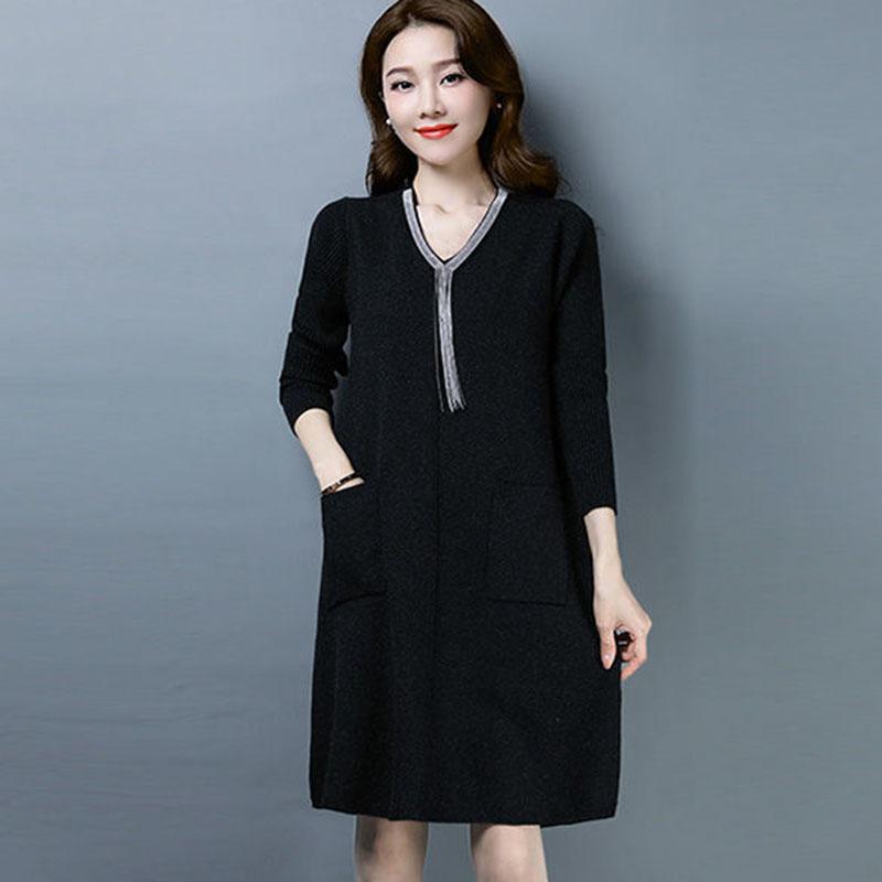 Autumn and Winter Knitted Simple Dress Mid-length Fashion Casual Bottoming Skirt Middle-aged Women Sweater Dress