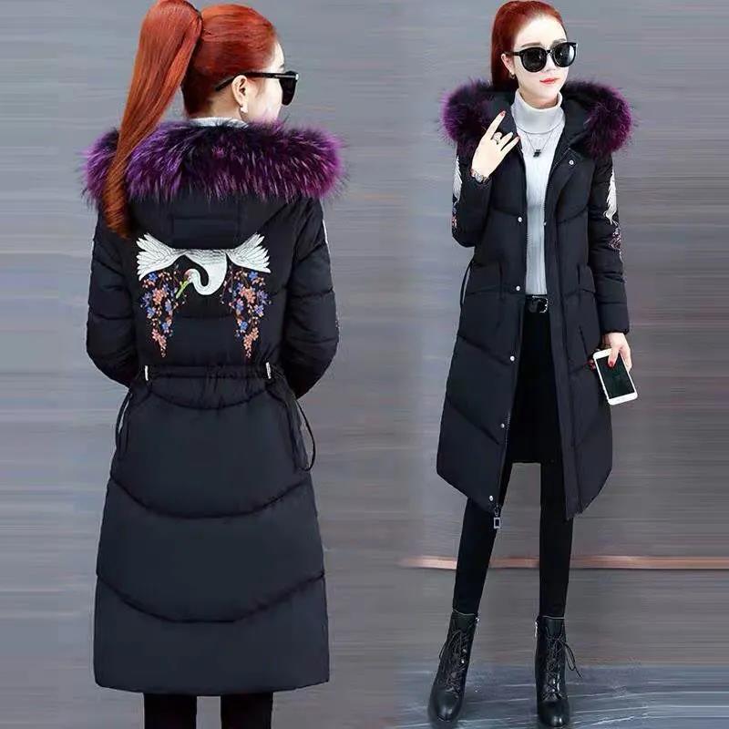 Ladies Down Jacket Winter Fashion Big Fur Collar Hooded Jacket Thick and Cotton Warm Mid-length Jacket