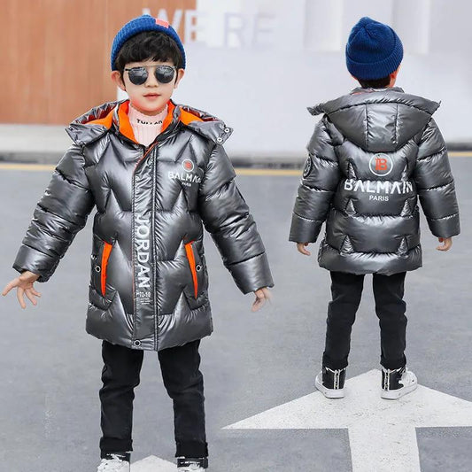 Fleece Boys' Winter Padded Jacket Big Children's Bright Leather Padded Jacket Children's Mid-length Down Padded Jacket