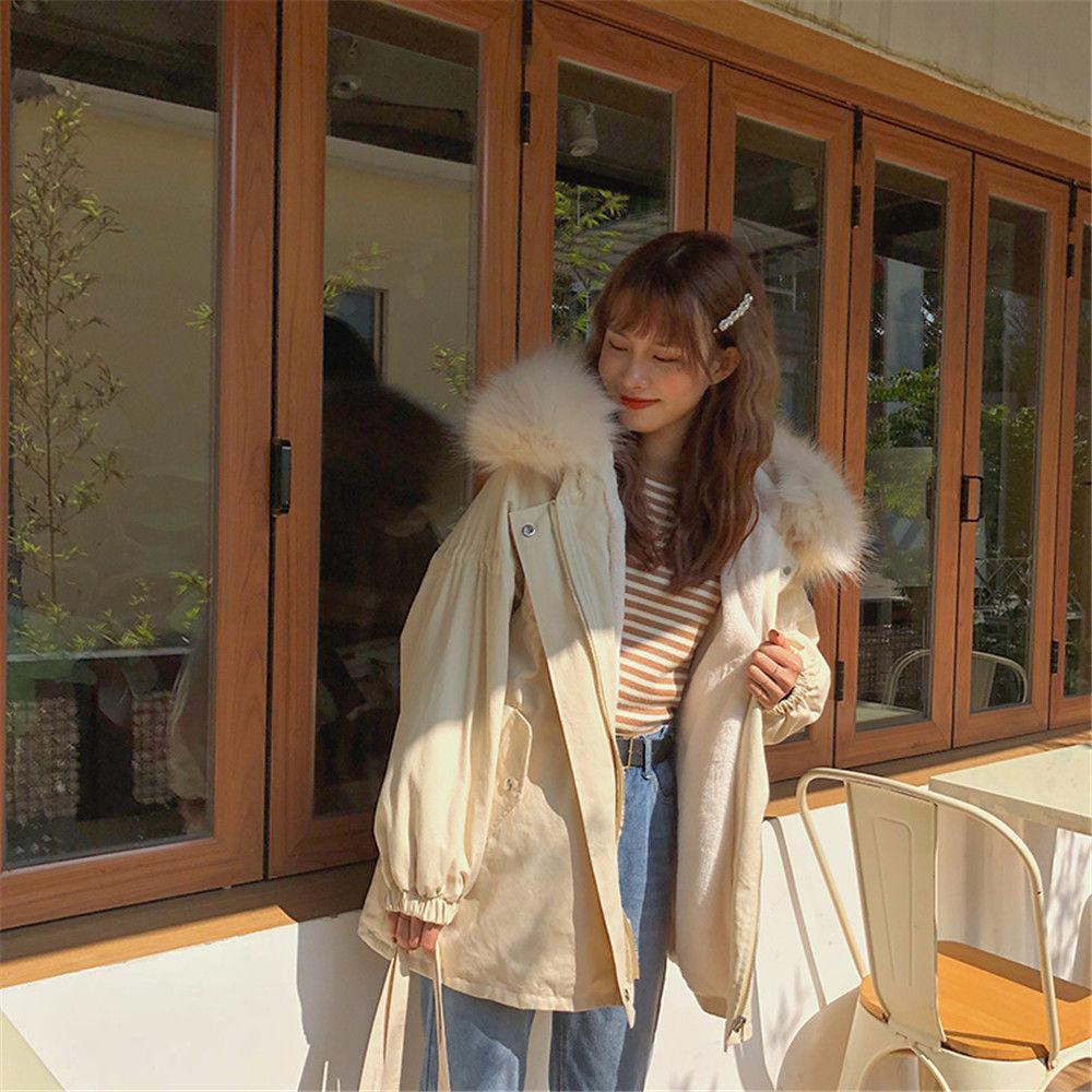 Cotton-padded Jacket Women's Winter Korean Student Loose-fitting Fur Collar Padded Jacket Plus Velvet Thick Mid-length Padded Jacket