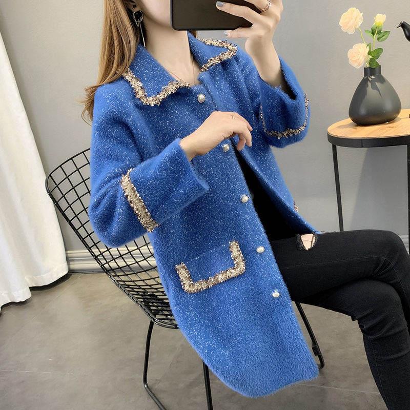 Autumn and Winter Models of Mink Fleece Knitted Jacket Mid-length Navy Collar Coat Coat Trendy Jacket Women