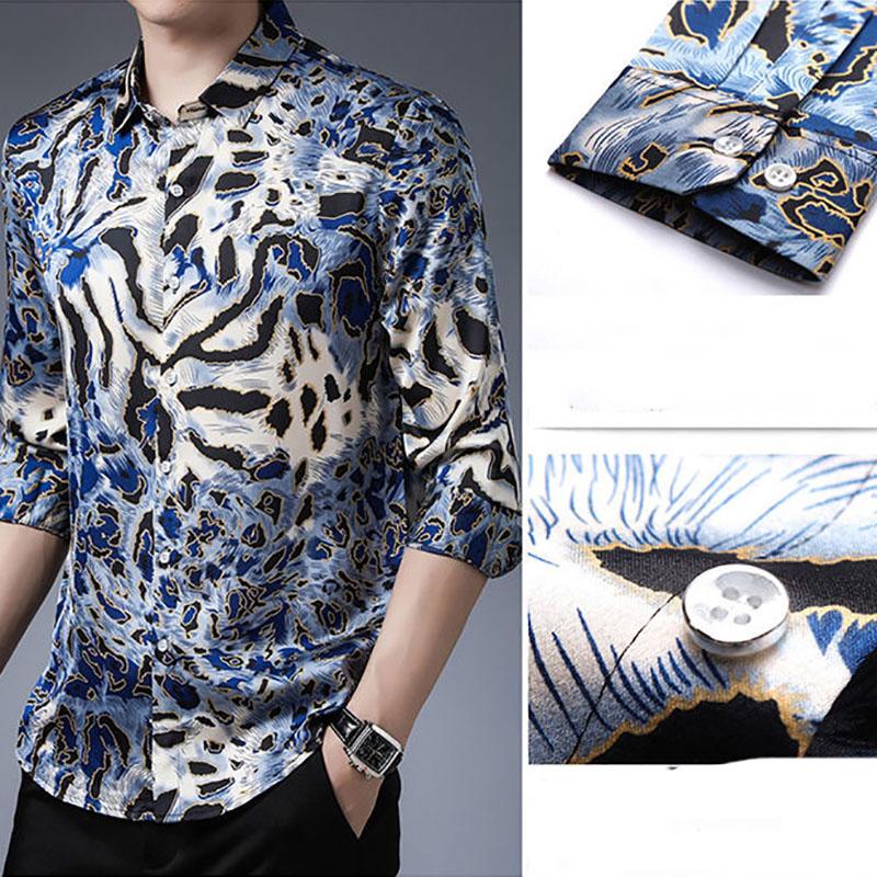 High-end Printed Mulberry Silk Men's Shirt Loose Business Casual Long-sleeved Handsome Shirt