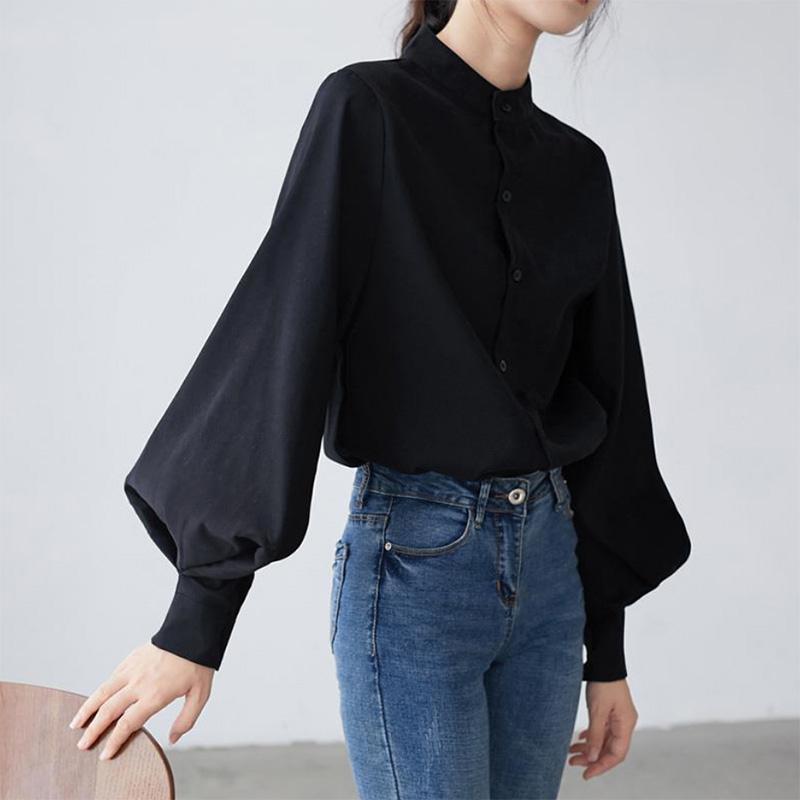 Black Stand-up Collar Shirt Women's Design Sense Niche Light Familiar French Temperament Shirt Retro Hong Kong Flavor Lantern Sleeve Top