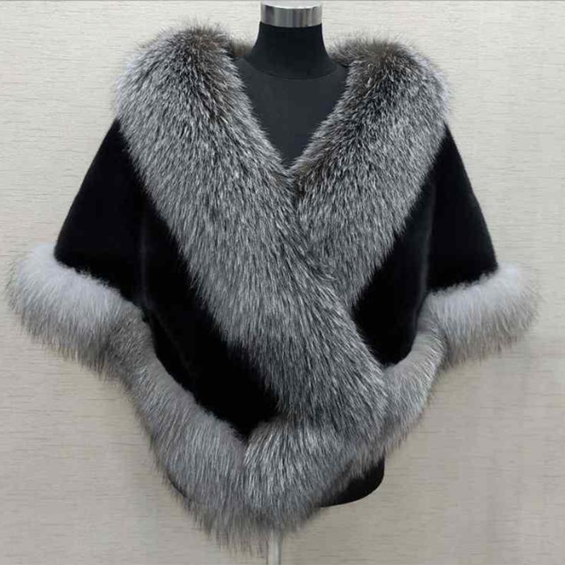 Ladies Winter Luxury Mink Fox Fur Shawl Faux Fur All-match Cloak Coat Plush Dress Cardigan Cloak High Quality Solid Thick Warm Cape Shawl Cloak