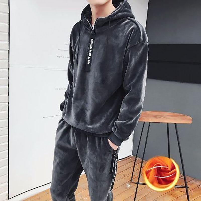 Gold Velvet Men's Sweater Suit Winter Fashion Hooded Plus Velvet Thick Korean Casual Sports Jacket