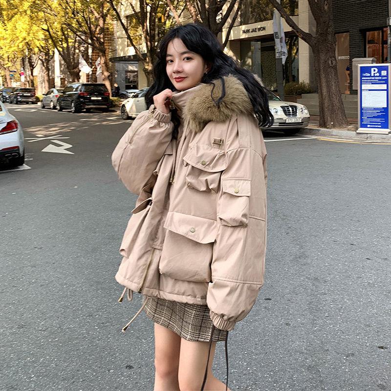 Cotton-padded Jacket Women's Fluffy Fur Collar Hooded Stand-up Collar Short Winter Loose Down Padded Jacket Plus Velvet Thick Warm Parka Jacket