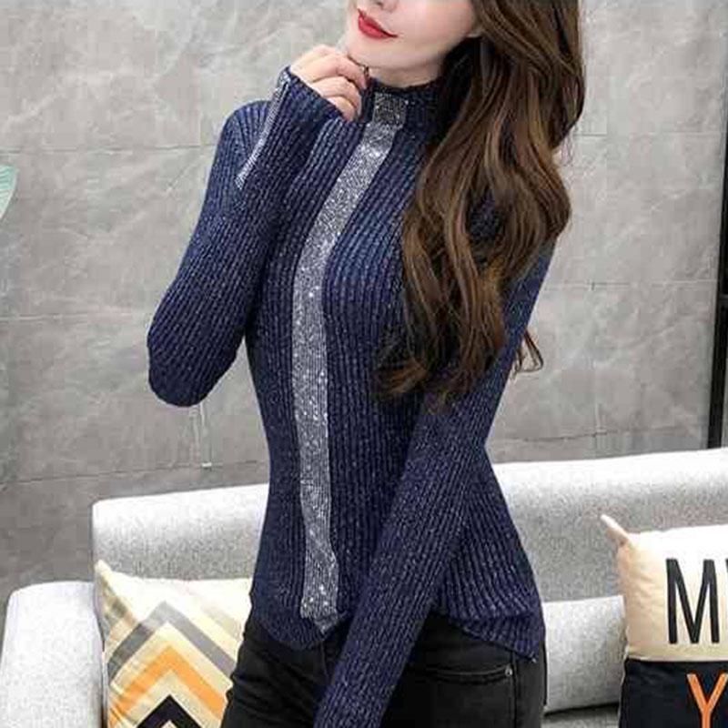 Women Rhinestone Thick Pullover Sweater Winter Bright Silk Bottoming Shirt Skinny Turtleneck Sweater