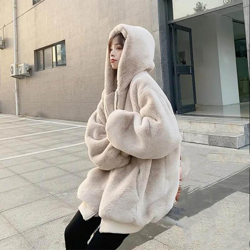 Korean Version of Loose Plush Coat Women's Winter Rex Rabbit Fur Padded Hooded Coat