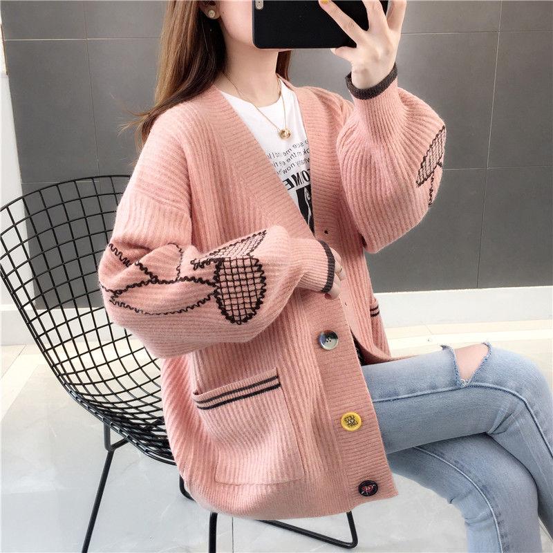 Women's Embroidered Knit Cardigan Loose Mid-length Knitted Sweater Coat Fashion