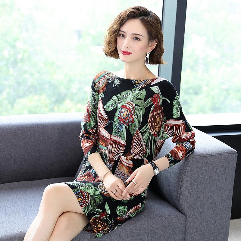 Sweater Dress Women Autumn Winter Knitted Straight Dress Fashion Floral Printed Pullover Loose Boat Neck Long Sleeve Dress