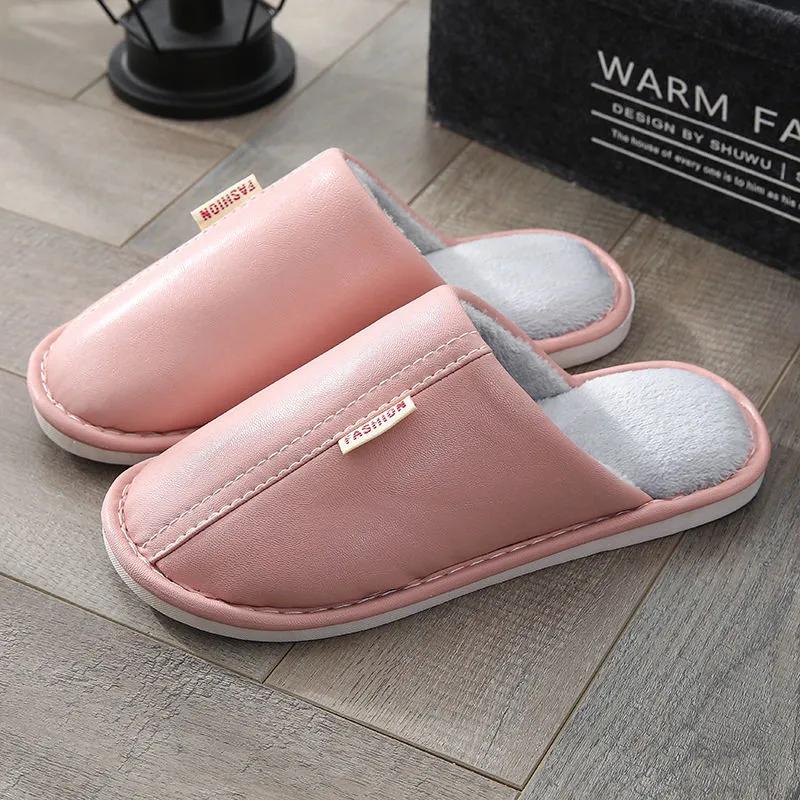 Women Winter Slippers Leather Waterproof Thick Warm Slipper Home Indoor Non Slip Mens Slides Plus Size