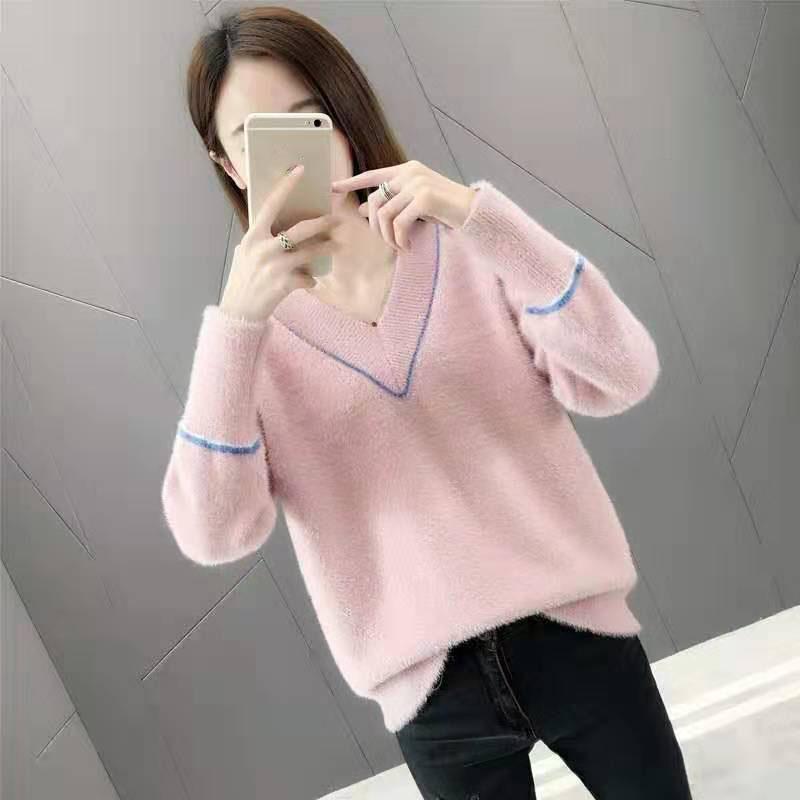 Autumn and Winter Mohair Sweater Loose Casual V-neck Tops Fashion Knitted Women's Bottoming Shirt