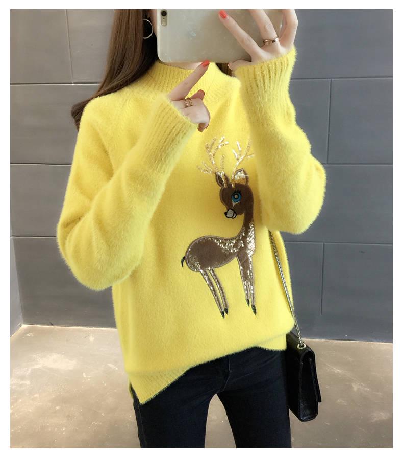 Pofulove Faux Mink Plus Velvet Thick Half Turtleneck Christmas Sweet Pullover Sweater Women Loose Autumn Winter Warm