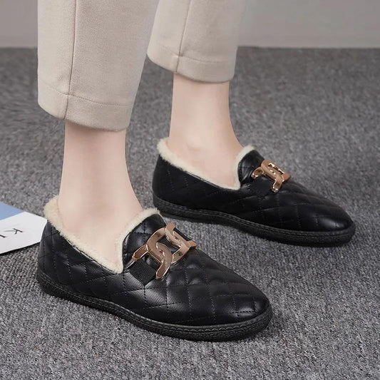 Winter Warm PU Waterproof Women's Cotton Shoes Plus Velvet Thick Snow Cotton Flat Non-slip Work Shoes