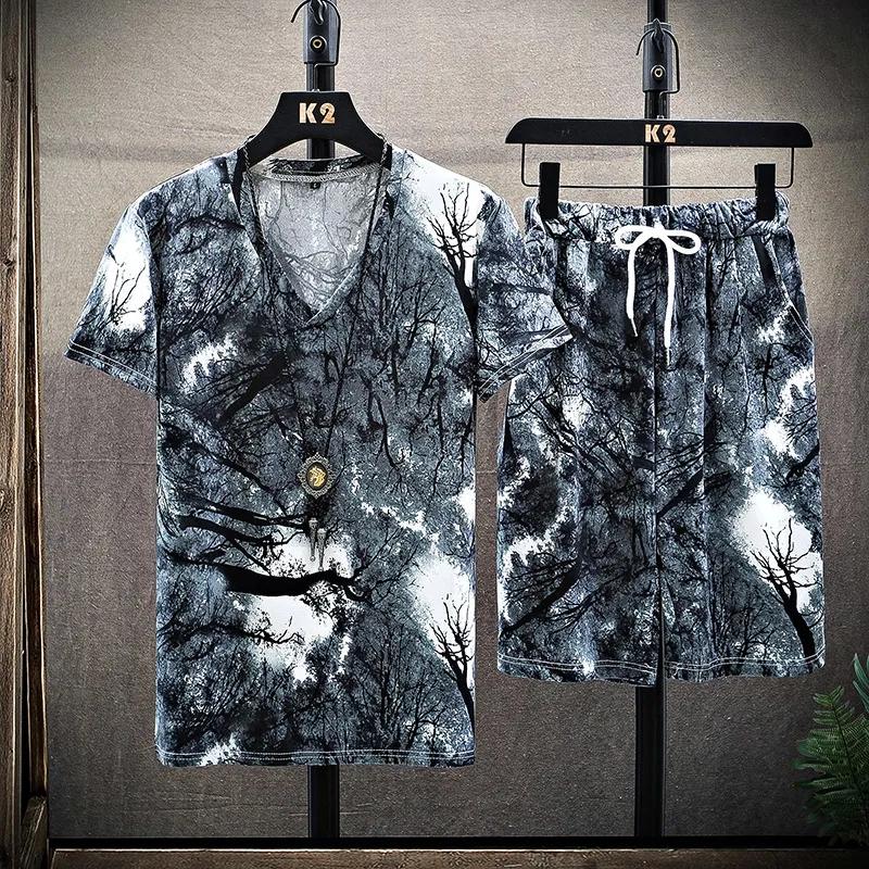 Summer Short-sleeved Ice Silk Casual Suit Men's Five-point Pants Trend Loose T-shirt Men's Quick-drying Shorts Suit