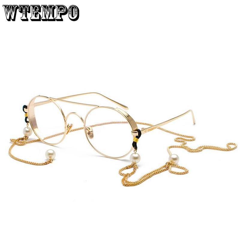 WTEMPO 2019 Retro Metal Glasses Frame Women Fashion Imitation Pearl Pendant Hanging Chain Eyeglasses