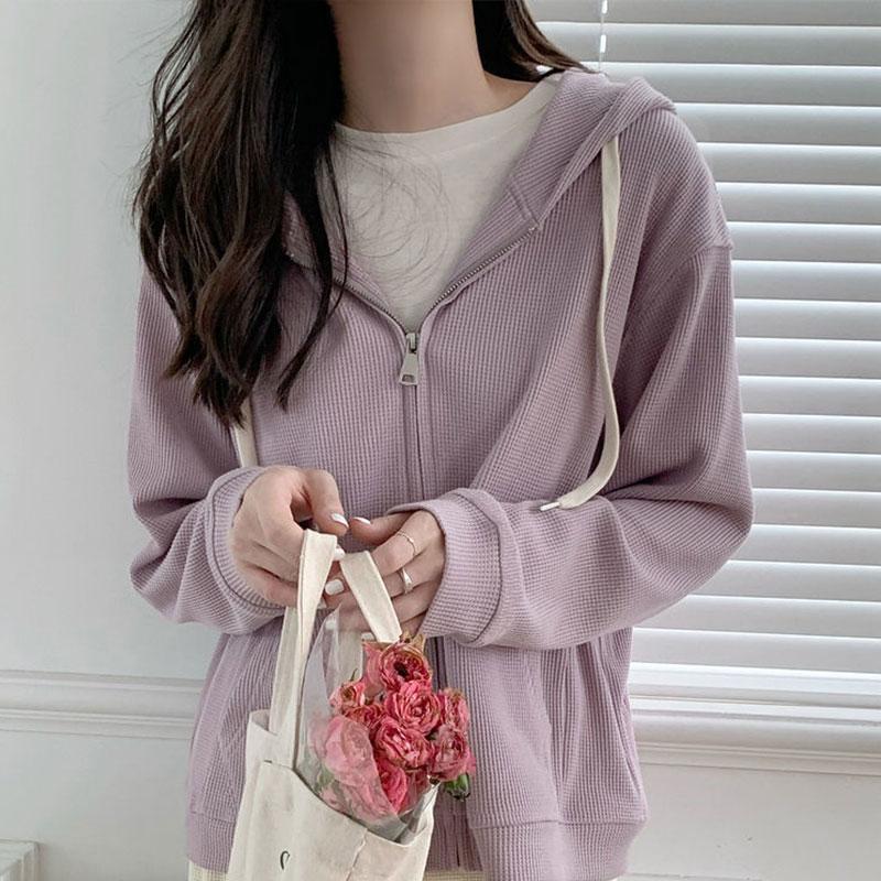 Schoolgirls Thin Long Sleeve Hooded Sweater Cardigan Jacket Waffle Sweater Ladies Zipper Jacket Top Casual Loose Coat